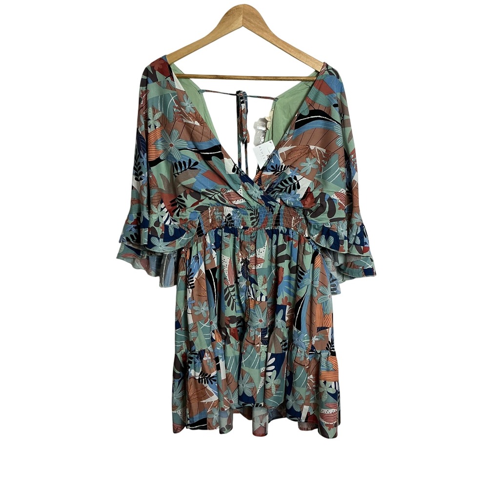 Easel Large Teal Take Me Away Floral Ruffle Mini Dress Boho Coquette NEW
